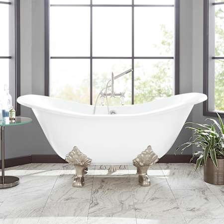 Signature Hardware Arabella 72" Cast Iron Soaking Clawfoot Tub with Pre-Drilled Overflow Hole and 7" Rim Holes - Less Drain White / Brushed Nickel Feet