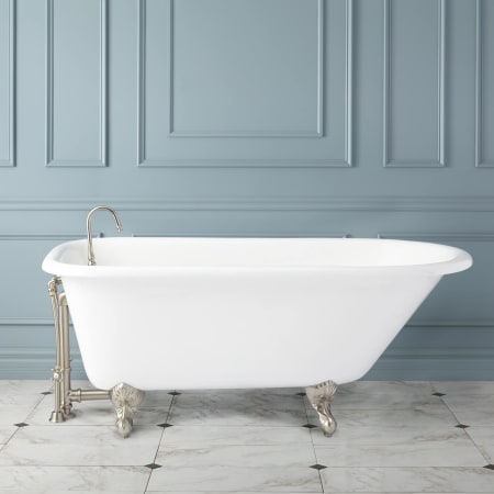 Signature Hardware Miya 61" Cast Iron Soaking Clawfoot Tub with Rolled Rim, Pre-Drilled Overflow Hole and 3-3/8" Wall Holes - Less Drain White / Brushed Nickel Feet
