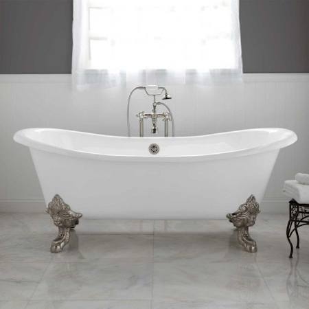 Signature Hardware Lena 72" Cast Iron Soaking Clawfoot Tub with Rolled Rim - Less External Drain and Overflow and Faucet Holes White / Brushed Nickel Feet