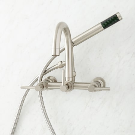 Signature Hardware Sebastian Wall Mounted Tub Filler Faucet with 2" Wall Couplers and Lever Handles - Includes 1.8 GPM Hand Shower, Valve Included Brushed Nickel