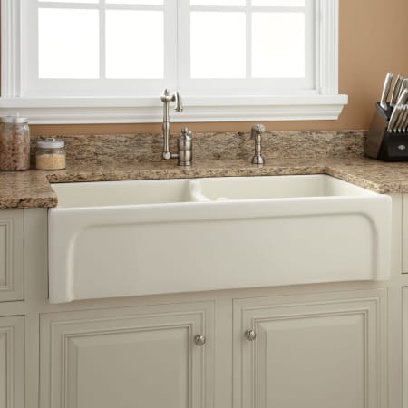 Signature Hardware Risinger 39" Farmhouse 50/50 Double Basin Fireclay Kitchen Sink with Casement Apron Biscuit
