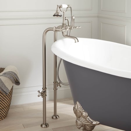 Signature Hardware Freestanding English Telephone Tub Filler with Brass Lever Handles - 27-1/2" Spout Height - Includes Hand Shower and Valve Brushed Nickel