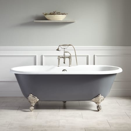 Signature Hardware Sanford 66" Cast Iron Soaking Clawfoot Tub with Pre-Drilled Overflow Hole, 7" Rim Holes and Imperial Feet Dark Gray / Brushed Nickel Feet