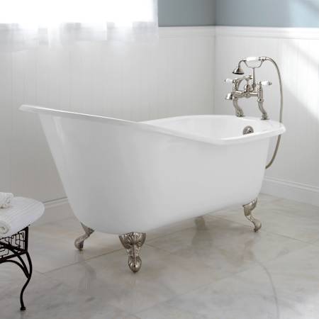 Signature Hardware Callaway 61" Cast Iron Soaking Clawfoot Tub with 7" Faucet Holes - Less External Drain and Overflow White / Polished Nickel Feet