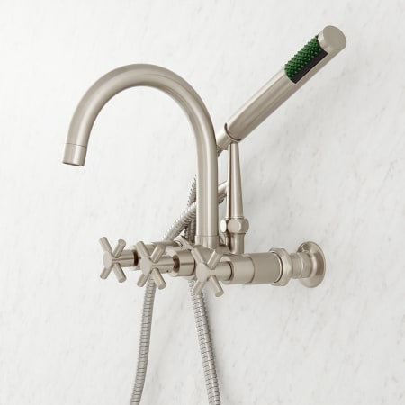 Signature Hardware Sebastian Wall Mounted Tub Filler Faucet with 4" Wall Couplers and Cross Handles - Includes Hand Shower Brushed Nickel