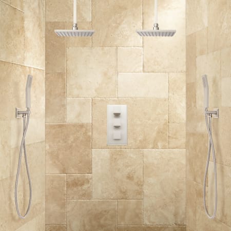 Signature Hardware Ryle Thermostatic Shower System with Dual Ceiling Mount Rainfall Shower Heads and Dual Hand Showers - Rough-In Valve Included Brushed Nickel