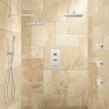 Signature Hardware Ryle Thermostatic Shower System with Dual Rainfall Shower Heads, Hand Shower, and 3 Body Sprays - Rough-In Valve Included Brushed Nickel