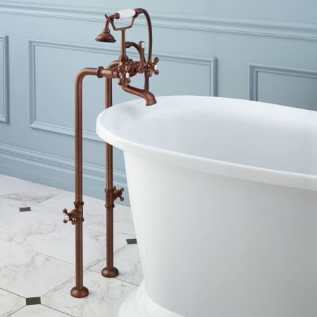 Signature Hardware 34-1/2" Floor Mounted Tub Filler Faucet with Metal Cross Handles - Includes Hand Shower and Valve Antique Copper