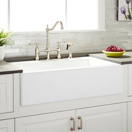 Signature Hardware Almeria 33" Farmhouse Single Basin Cast Iron Kitchen Sink with 4 Faucet Holes White