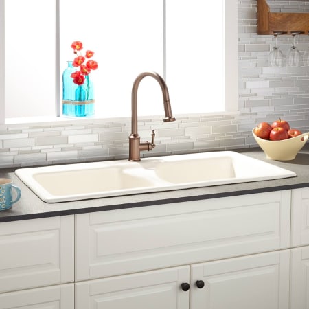 Signature Hardware Selkirk 43" Drop In Double Basin Cast Iron Kitchen Sink with Single Faucet Hole Biscuit