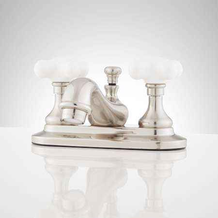 Signature Hardware Teapot Centerset Bathroom Faucet with Porcelain Cross Handles and Pop-Up Drain Assembly Brushed Nickel