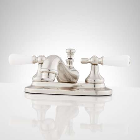 Signature Hardware Teapot 1.2 GPM Centerset Bathroom Faucet with Porcelain Lever Handles and Drain Assembly Brushed Nickel