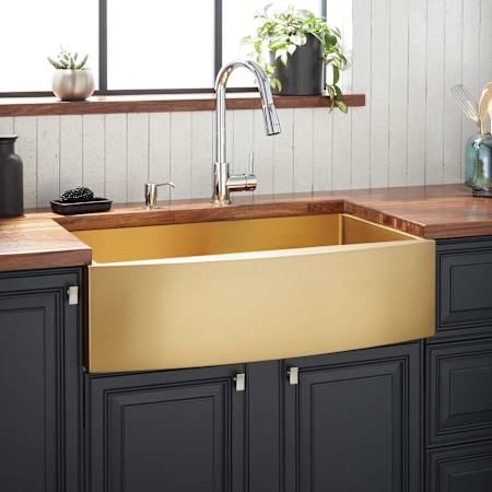 Signature Hardware Atlas 33" Farmhouse Single Basin Stainless Steel Kitchen Sink with Curved Apron Matte Gold