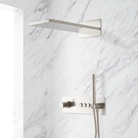 Signature Hardware Hollyn Simple Select Thermostatic Shower System with Rainfall Shower Head and Hand Shower - Rough-In Valve Included Brushed Nickel
