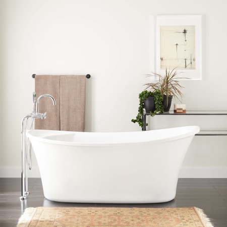 Signature Hardware Kemrick 66" Freestanding Acrylic Soaking Tub with Integrated Drain and Overflow White / White
