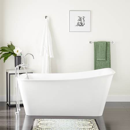 Signature Hardware Souza 63" Acrylic Soaking Freestanding Tub with Tap Deck, Integrated Drain and Overflow White