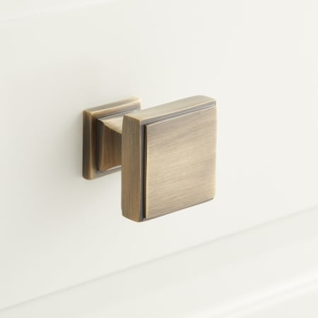 Signature Hardware Dreesa 1 Inch Wide Square Cabinet Knob Antique Brass