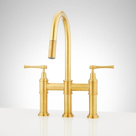 Signature Hardware Hurston 1.8 GPM Double Handle Bridge Pull-Down Kitchen Faucet Brushed Gold