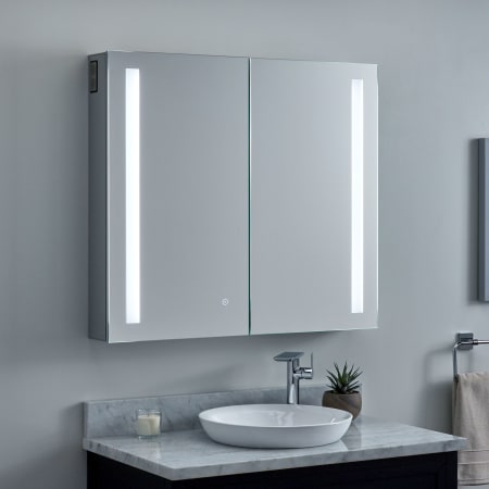 Signature Hardware Seren 35-1/2" x 32" Lighted Frameless 2 Door Medicine Cabinet with Tunable LED and Wireless Speaker Aluminum