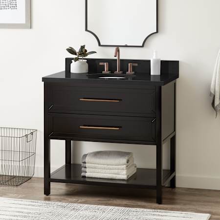 Signature Hardware Robertson 36" Freestanding Mahogany Single Basin Vanity Set with Cabinet, Vanity Top, and Oval Undermount Sink - 8" Widespread Faucet Holes Black / Absolute Black