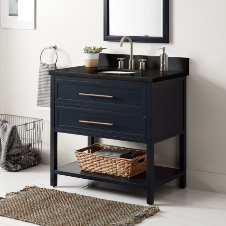 Signature Hardware Robertson 36" Freestanding Mahogany Single Basin Vanity Set with Cabinet, Vanity Top, and Oval Undermount Sink - 8" Faucet Holes Midnight Navy Blue / Absolute Black