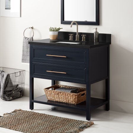 Signature Hardware Robertson 36" Freestanding Mahogany Single Basin Vanity Set with Cabinet, Vanity Top, and Rectangular Undermount Sink - 8" Faucet Holes Midnight Navy Blue / Absolute Black