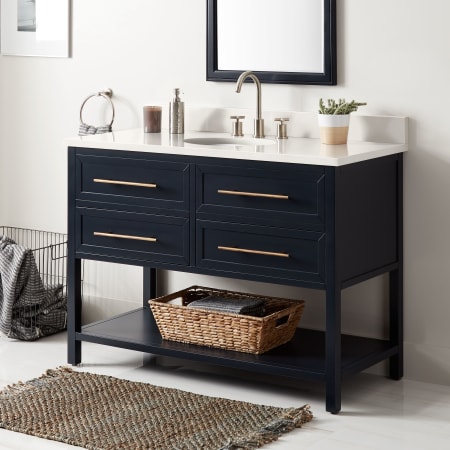 Signature Hardware Robertson 48" Freestanding Mahogany Single Basin Vanity Set with Cabinet, Vanity Top, and Oval Undermount Sink - 8" Faucet Holes Midnight Navy Blue / Arctic White
