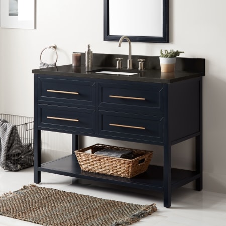 Signature Hardware Robertson 48" Freestanding Mahogany Single Basin Vanity Set with Cabinet, Vanity Top, and Rectangular Undermount Sink - 8" Widespread Faucet Holes Midnight Navy Blue / Absolute Black