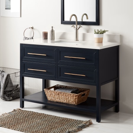 Signature Hardware Robertson 48" Freestanding Mahogany Single Basin Vanity Set with Cabinet, Vanity Top, and Rectangular Undermount Sink - Single Faucet Hole Midnight Navy Blue / Arctic White