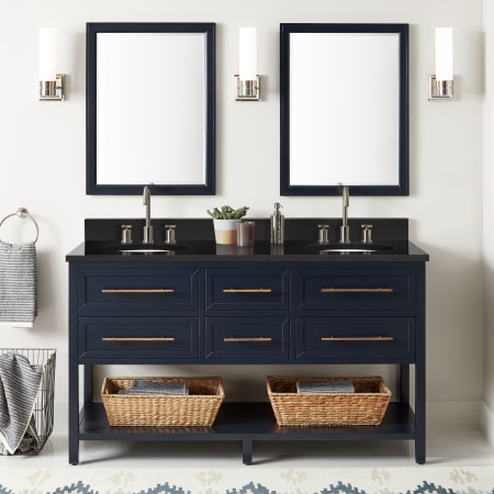 Signature Hardware Robertson 60" Freestanding Mahogany Double Basin Vanity Set with Cabinet, Vanity Top, and Oval Undermount Sinks - 8" Faucet Holes Midnight Navy Blue / Absolute Black