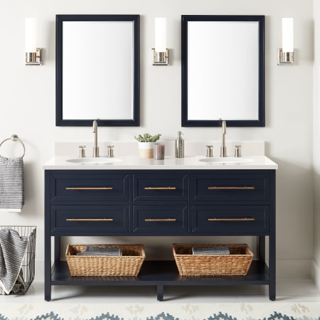 Signature Hardware Robertson 60" Freestanding Mahogany Double Basin Vanity Set with Cabinet, Vanity Top, and Oval Undermount Sinks - 8" Faucet Holes Midnight Navy Blue / Arctic White