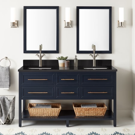 Signature Hardware Robertson 60" Freestanding Mahogany Double Basin Vanity Set with Cabinet, Vanity Top, and Rectangular Undermount Sinks - Single Faucet Holes Midnight Navy Blue / Absolute Black