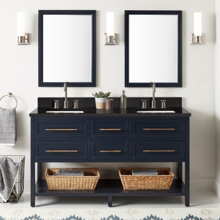 Signature Hardware Robertson 60" Freestanding Mahogany Double Basin Vanity Set with Cabinet, Vanity Top, and Rectangular Undermount Sinks - 8" Faucet Holes Midnight Navy Blue / Absolute Black