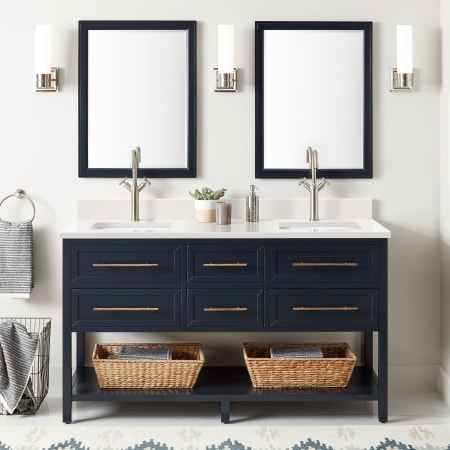 Signature Hardware Robertson 60" Freestanding Mahogany Double Basin Vanity Set with Cabinet, Vanity Top, and Rectangular Undermount Sinks - Single Faucet Holes Midnight Navy Blue / Arctic White