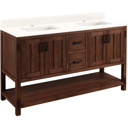 Signature Hardware Morris 60" Freestanding Double Basin Vanity Set with Cabinet, Vanity Top, and Rectangular Undermount Sinks - Single Faucet Holes Rustic Brown / Arctic White