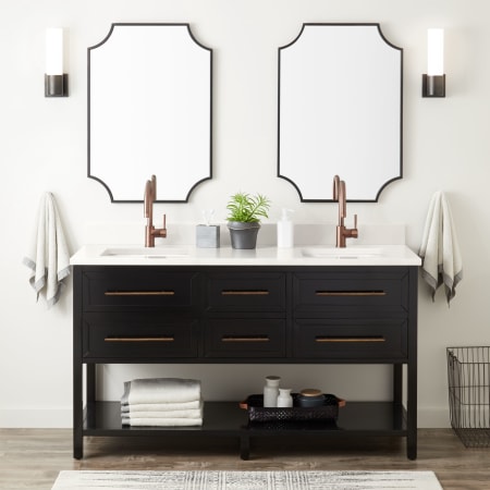 Signature Hardware Robertson 60" Freestanding Mahogany Double Basin Vanity Set with Cabinet, Vanity Top, and Rectangular Undermount Sinks - Single Faucet Holes Black / Arctic White