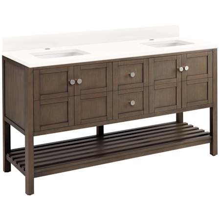 Signature Hardware Olsen 60" Freestanding Double Basin Vanity Set with Cabinet, Vanity Top, and Rectangular Undermount Sinks - Single Faucet Holes Ash Brown / Arctic White
