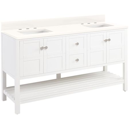 Signature Hardware Olsen 60" Freestanding Double Basin Vanity Set with Cabinet, Vanity Top, and Rectangular Undermount Sinks - 8" Widespread Faucet Holes Soft White / Arctic White