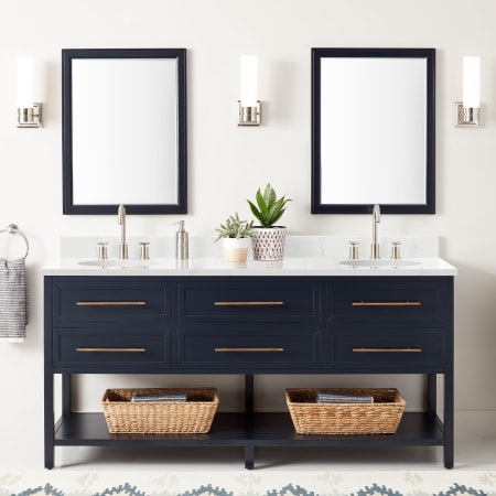 Signature Hardware Robertson 72" Free Standing Double Vanity Cabinet Set with Mahogany Cabinet, Vanity Top and Oval Undermount Sinks - No Faucet Holes Midnight Navy / Feathered White Quartz