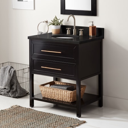 Signature Hardware Robertson 30" Freestanding Mahogany Single Basin Vanity Set with Cabinet, Vanity Top, and Oval Undermount Sink - 8" Faucet Holes Black / Absolute Black Granite