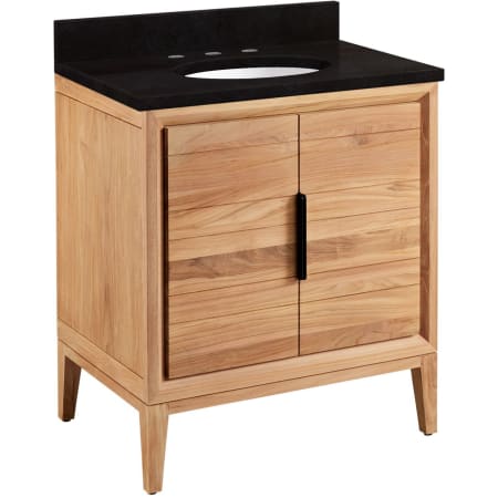 Signature Hardware Aliso 30" Freestanding Teak Single Basin Vanity Set with Cabinet, Vanity Top, and Oval Undermount Sink - 8" Widespread Faucet Holes Natural Teak / Absolute Black
