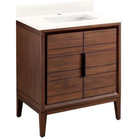 Signature Hardware Aliso 30" Freestanding Teak Single Basin Vanity Set with Cabinet, Vanity Top, and Rectangular Undermount Sink - Single Faucet Hole Java / Arctic White
