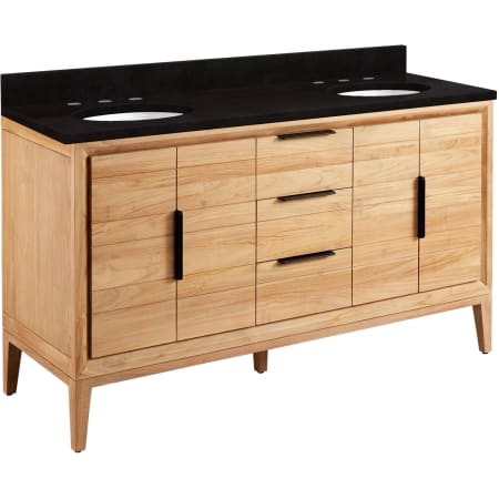 Signature Hardware Aliso 60" Freestanding Teak Double Basin Vanity Set with Cabinet, Vanity Top, and Oval Undermount Sinks - 8" Widespread Faucet Holes Natural Teak / Absolute Black