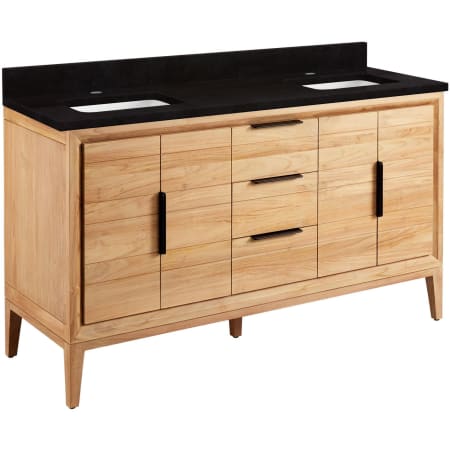 Signature Hardware Aliso 60" Freestanding Teak Double Basin Vanity Set with Cabinet, Vanity Top, and Rectangular Undermount Sinks - Single Faucet Holes Natural Teak / Absolute Black