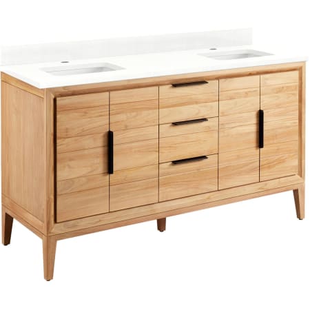 Signature Hardware Aliso 60" Freestanding Teak Double Basin Vanity Set with Cabinet, Vanity Top, and Rectangular Undermount Sinks - Single Faucet Holes Natural Teak / Feathered White