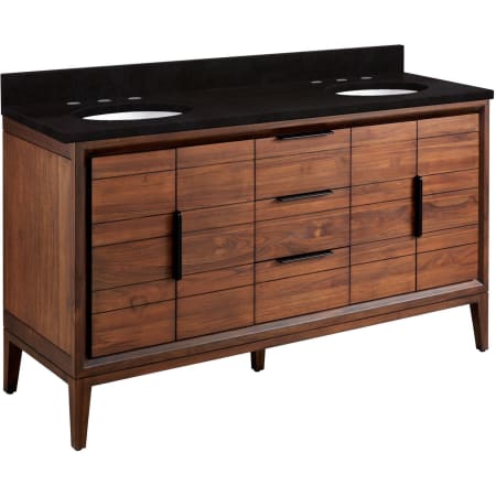 Signature Hardware Aliso 60" Freestanding Teak Double Basin Vanity Set with Cabinet, Vanity Top, and Oval Undermount Sinks - 8" Widespread Faucet Holes Java / Absolute Black