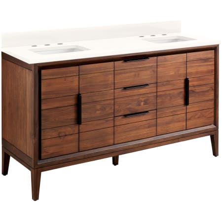 Signature Hardware Aliso 60" Freestanding Teak Double Basin Vanity Set with Cabinet, Vanity Top, and Rectangular Undermount Sinks - 8" Widespread Faucet Holes Java / Arctic White
