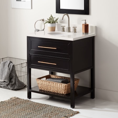 Signature Hardware Robertson 30" Freestanding Mahogany Single Basin Vanity Set with Cabinet, Vanity Top, and Oval Undermount Sink - 8" Widespread Faucet Holes Black / Arctic White Quartz