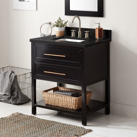 Signature Hardware Robertson 30" Freestanding Mahogany Single Basin Vanity Set with Cabinet, Vanity Top, and Rectangular Undermount Sink - 8" Faucet Holes Black / Absolute Black Granite