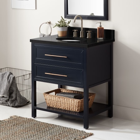 Signature Hardware Robertson 30" Freestanding Mahogany Single Basin Vanity Set with Cabinet, Vanity Top, and Oval Undermount Sink - 8" Faucet Holes Midnight Navy / Absolute Black Granite